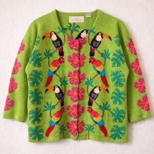 Jane’s Closet Tropical Toucan Parrot Beaded Vintage Knit Cardigan Dopamine Twee